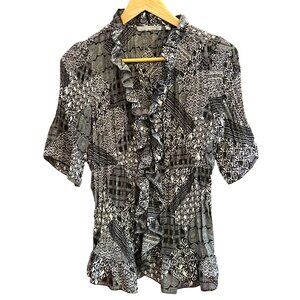 Y2K Vintage NY Collection Babydoll Black White Ruffled Short Sleeve Blouse Sz M